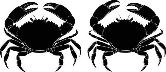 Black Silhouette of Two Crabs Showing Large Pincers and Detailed Shell Texture Isolated on White Background for Seafood Market, Restaurant Menu Vector Illustration