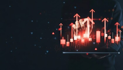 Business growth and technology concept with glowing financial chart bars and arrows rising above tablet in creative digital background. Financial economic growth chart