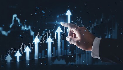 Business growth and technology concept with glowing financial chart bars and arrows rising above tablet in creative digital background. Financial economic growth chart