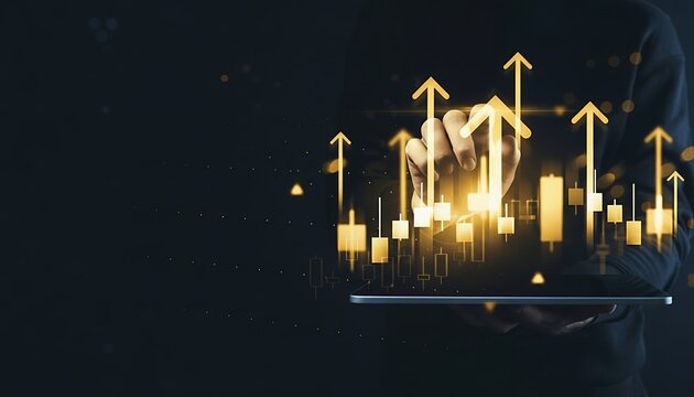 Business growth and technology concept with glowing financial chart bars and arrows rising above tablet in creative digital background. Financial economic growth chart - Powered by Adobe