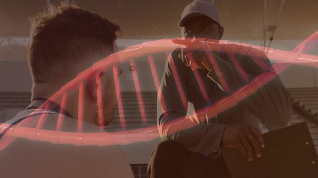 Coach with clipboard starting training on stands, athlete listening as red helix sweeping over them