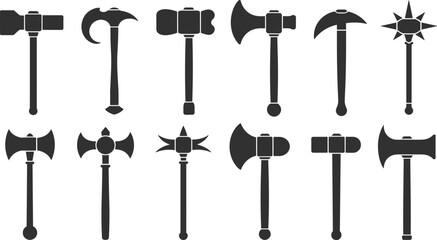 Twelve black silhouettes of medieval weapons including axes hammers and maces Keywords: weapon, medieval, axe, hammer, mace, war