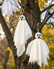 Two Halloween ghosts hanging from a tree branch