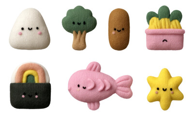 Kawaii Bento Icons with Soft Plush Designs on Transparent Background