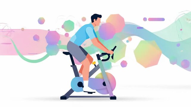 Active man cycling on stationary exercise bike indoors with colorful abstract shapes and waves in background