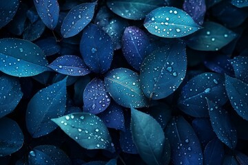 Close-up of dew-studded leaves in moody blue tones. AI image