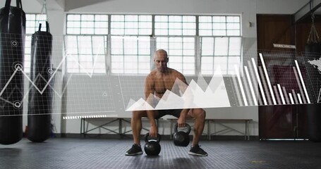 Man starting squat performing right kettlebell cleans in gym, HUD graphs animating fitness metrics