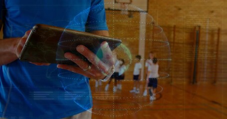 Teacher holding tablet and tapping, projecting holographic globe, guiding students into gym cluster - Powered by Adobe