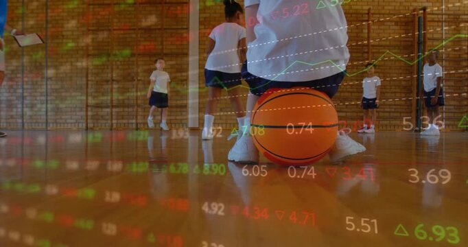 Center kid crouching over orange ball, coach timing sports drill to train control, charts overlay