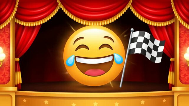 A funny animated laughing emoji holding a checkered race flag appears on a theater stage as the red curtains open