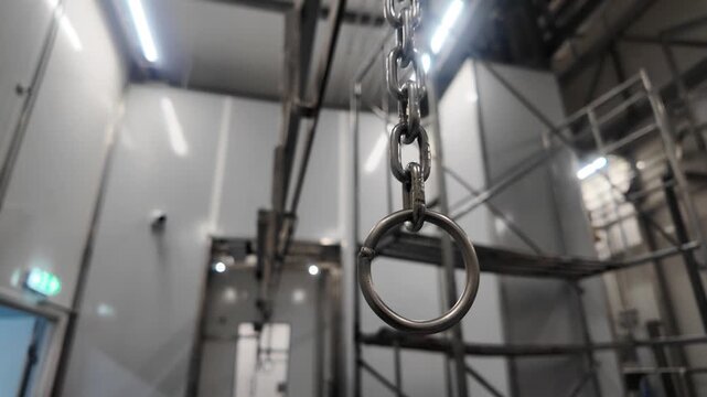 Industrial stainless steel overhead rai, conveyor system with hooks and shackles inside a clean meat processing facility or slaughter house .