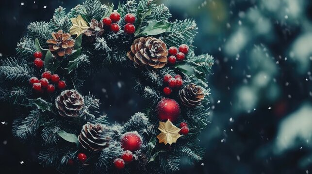 Classic Frosted Christmas Wreath with Red Berries and Pine Cones in Snowfall - Powered by Adobe