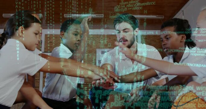 Coach with clipboard inviting hand stack in school gym, kids reaching, digital overlay uniting team