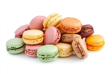 Colorful macarons arranged on white background. AI image