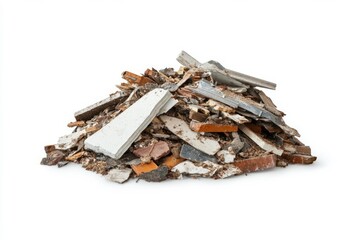 Pile of bricks and cement debris on white background. AI image