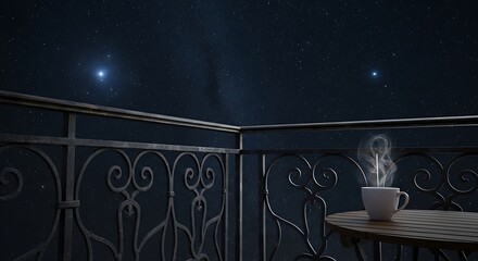 A steaming cup of coffee on a balcony at night under the stars.