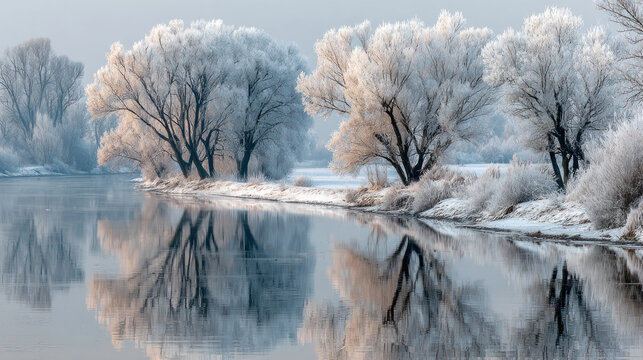 A tranquil winter landscape with snow-covered trees along the banks of a quiet river.   - Powered by Adobe