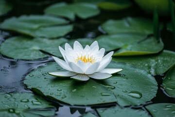 Serene white water lily floating among green lily pads. AI image