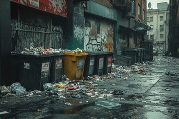 Urban alley littered with trash and overflowing bins at dusk. AI image