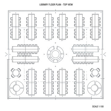 library floor plan top view with study tables and bookshelves architectural blueprint layout for interior design and space planning