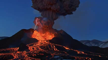 Dramatic volcanic eruption with flowing red lava and lightning strikes inside a massive ash cloud, depicted in a cinematic 3D animation for natural disaster concepts