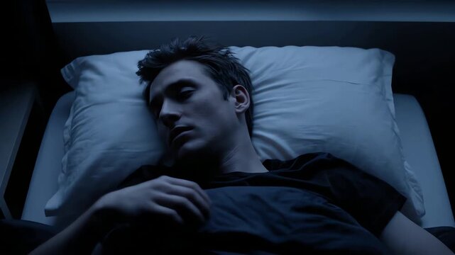Young man lying in bed at night struggling to fall asleep with wide open eyes