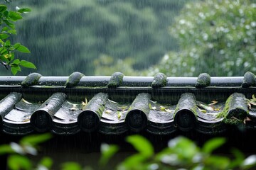 Rain cascading from traditional roof amid greenery. AI image