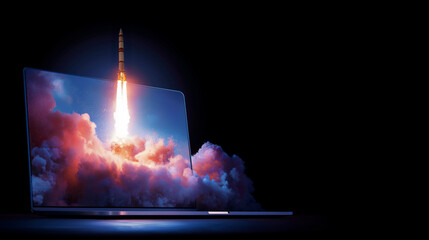 Rocket Launching from Laptop Screen with Bright Exhaust Plume