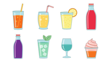 Set of colorful cocktail and drink icons in glasses with different beverages and bar drinks illustration
