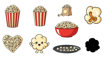 Popcorn and cinema snack icons set with drinks and food illustrations on white background