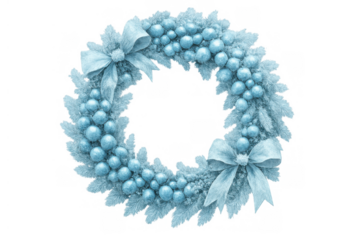 Christmas wreath in pale blue, decorated with bows and berries, bringing festive winter holiday cheer, transparent background