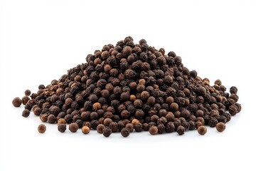 Black peppercorns pile on white background. AI image