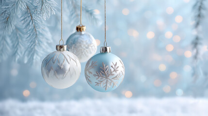 Christmas Ornaments with Snowflakes on Frosted Blue Background