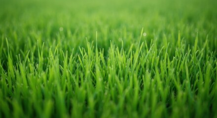 Fototapeta premium Close-up of vivid green grass blades, bokeh, soft light, and peaceful nature