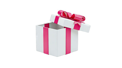 Gift Box Opened with Pink Ribbon on White Background