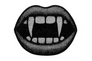 Vampire fangs revealing mouth in a black and white halftone style, gothic halloween monster lips, transparent background