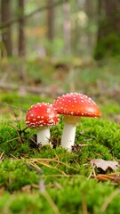 Two red mushrooms in forest moss