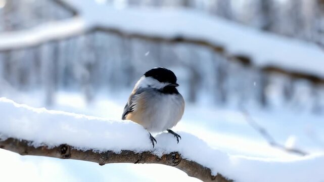 Close up of a chickadee perched on a snow covered branch in a winter forest setting