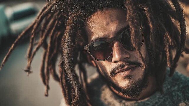 Portrait of stylish young man with dreadlocks and sunglasses looking at the camera