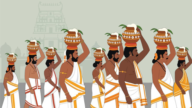 This flat design vector illustration showcases devotees carrying milk pots as offerings during the Thaipusam festival, emphasizing unity and devotion