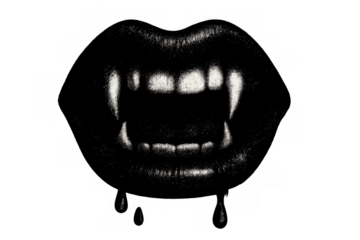 Vampire lips with fangs dripping blood, scary gothic halloween mouth, concept of horror and evil, transparent background