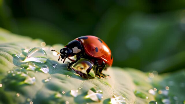 Macro shot of a red ladybug crawling on a wet green leaf with sparkling dew drops, illustrating spring nature concepts