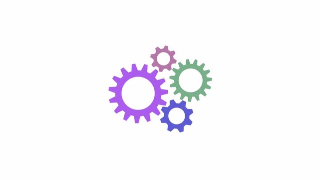 Animated illustration of four multi-colored interlocking and spinning slowly. Represents teamwork, mechanics, system, or process.