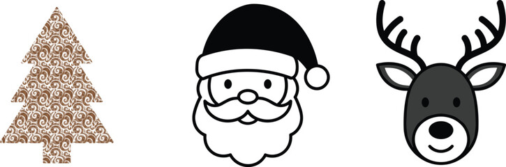 Christmas tree Santa Claus and reindeer icons on white background holiday