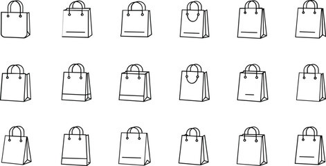 Collection of black and white line art shopping bag icons on white background paper bag gift bag
