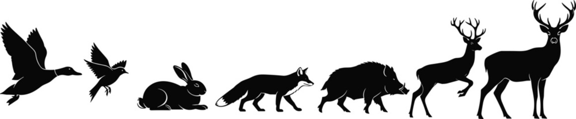 Animal silhouette, wildlife lineup, forest creatures, flying bird, rabbit, fox, deer, black vector, nature illustration, woodland fauna, minimalist design
