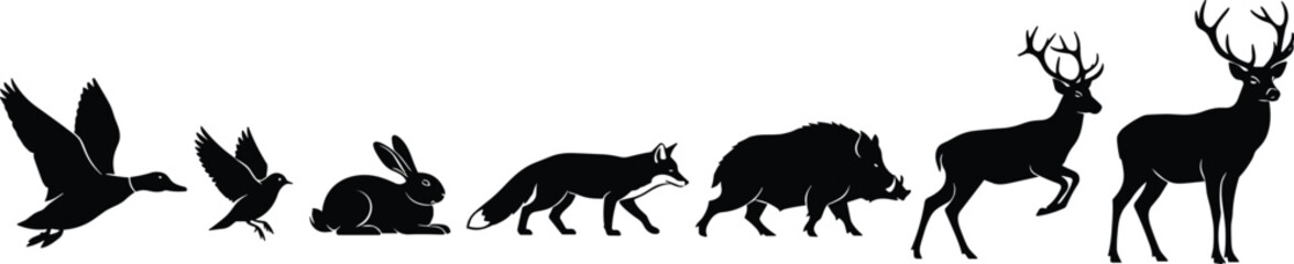 Animal silhouette, forest wildlife, flying bird, rabbit, fox, boar, deer, black vector, nature illustration, woodland creatures, ecosystem diversity