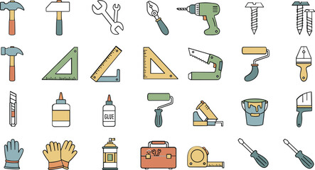Collection of colorful flat design tools and hardware icons hammer