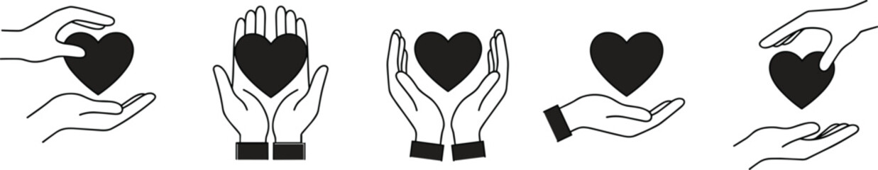 Five black heart icons held by line art hands on white background love care