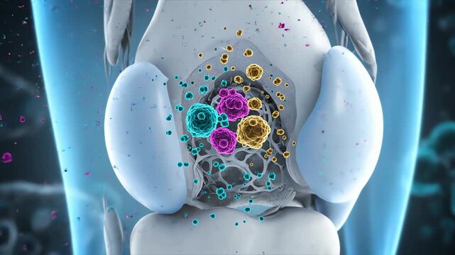 A medical 3D animation showing targeted therapy for bone cancer cells within the knee joint